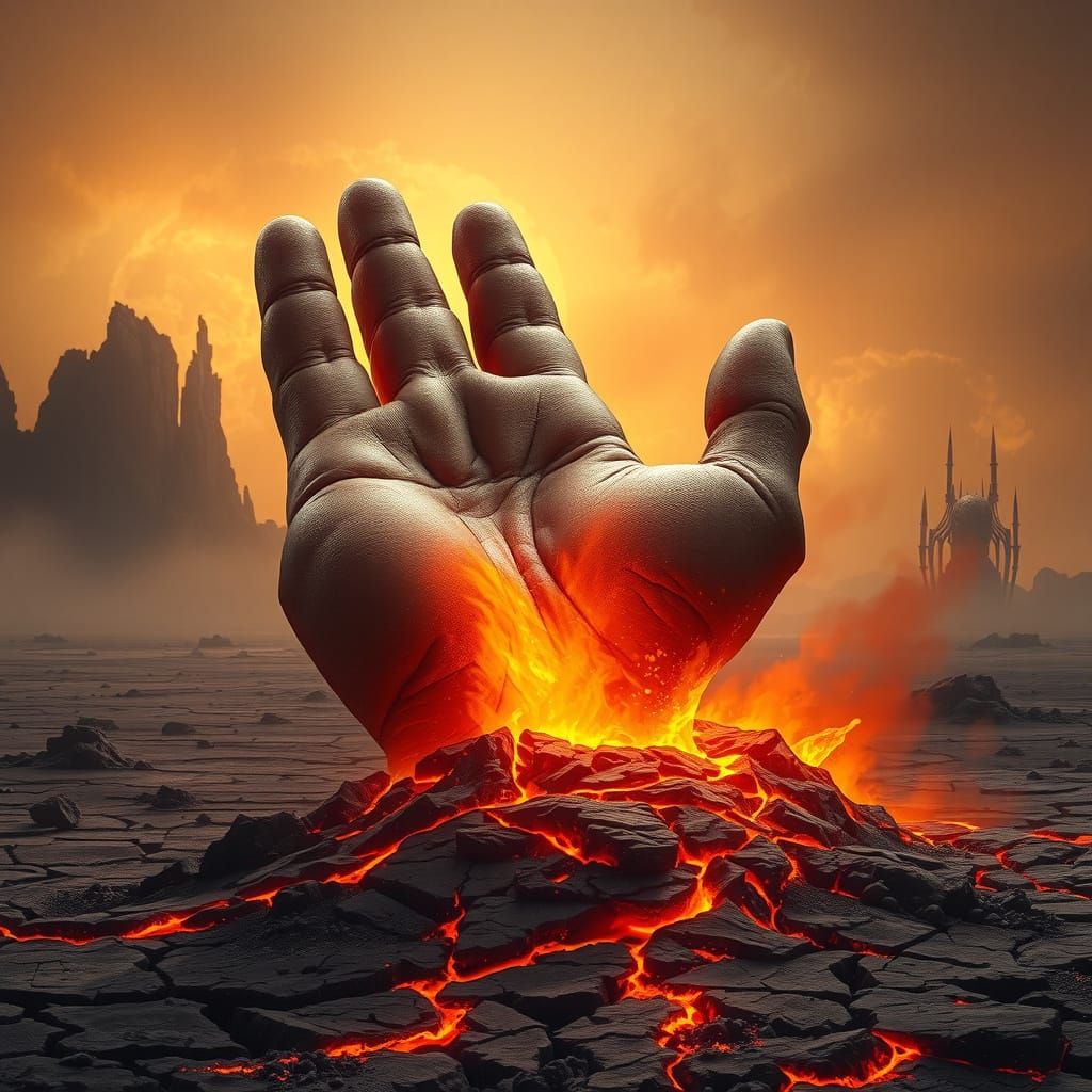 Ancient Hand Emerges from the Desert Earth in Fiery Turmoil