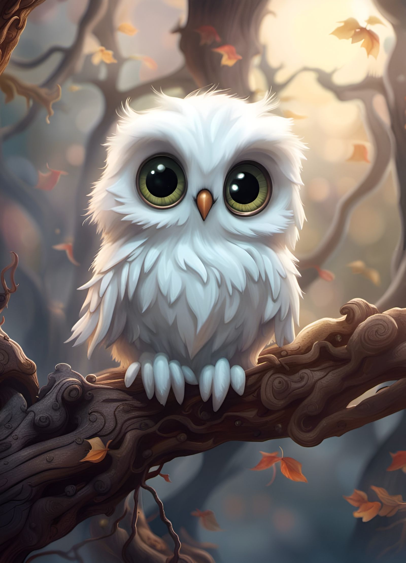 Adorable Chibi Ghost Owl in Haunted Tree Scene