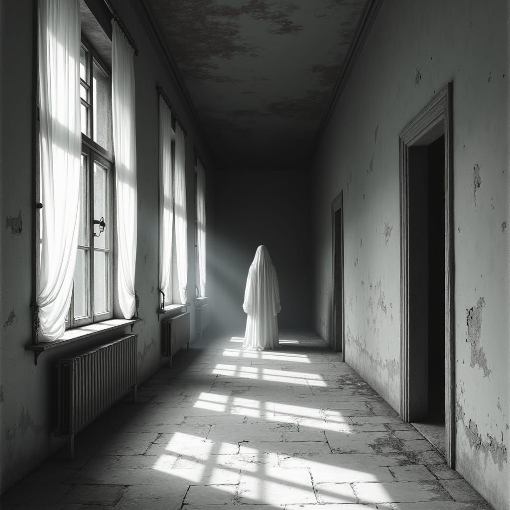 Eerie Corridor with Shadowy Figure in Charcoal Style
