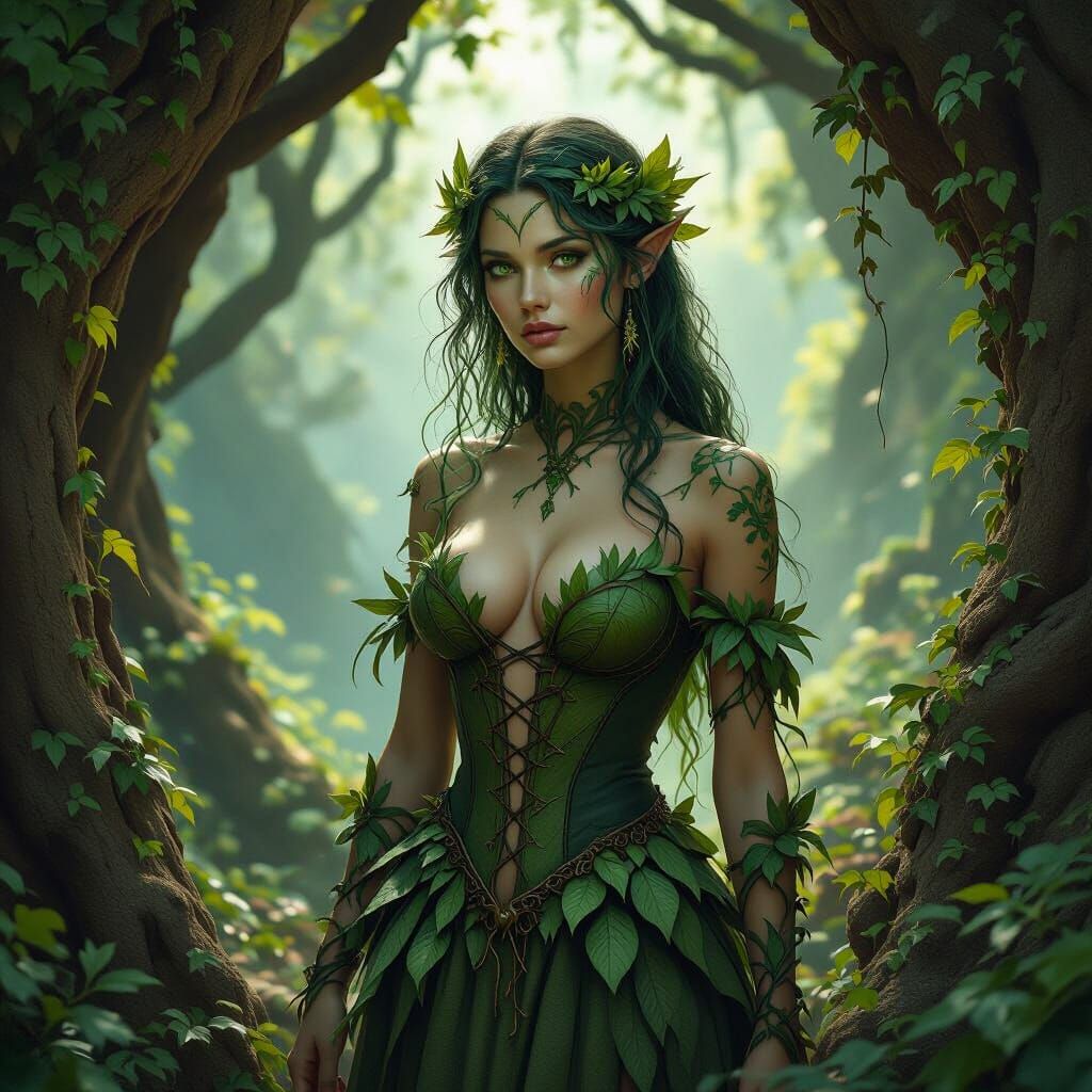 Enchanting Dryad in a Magical Cave, Detailed Portrait