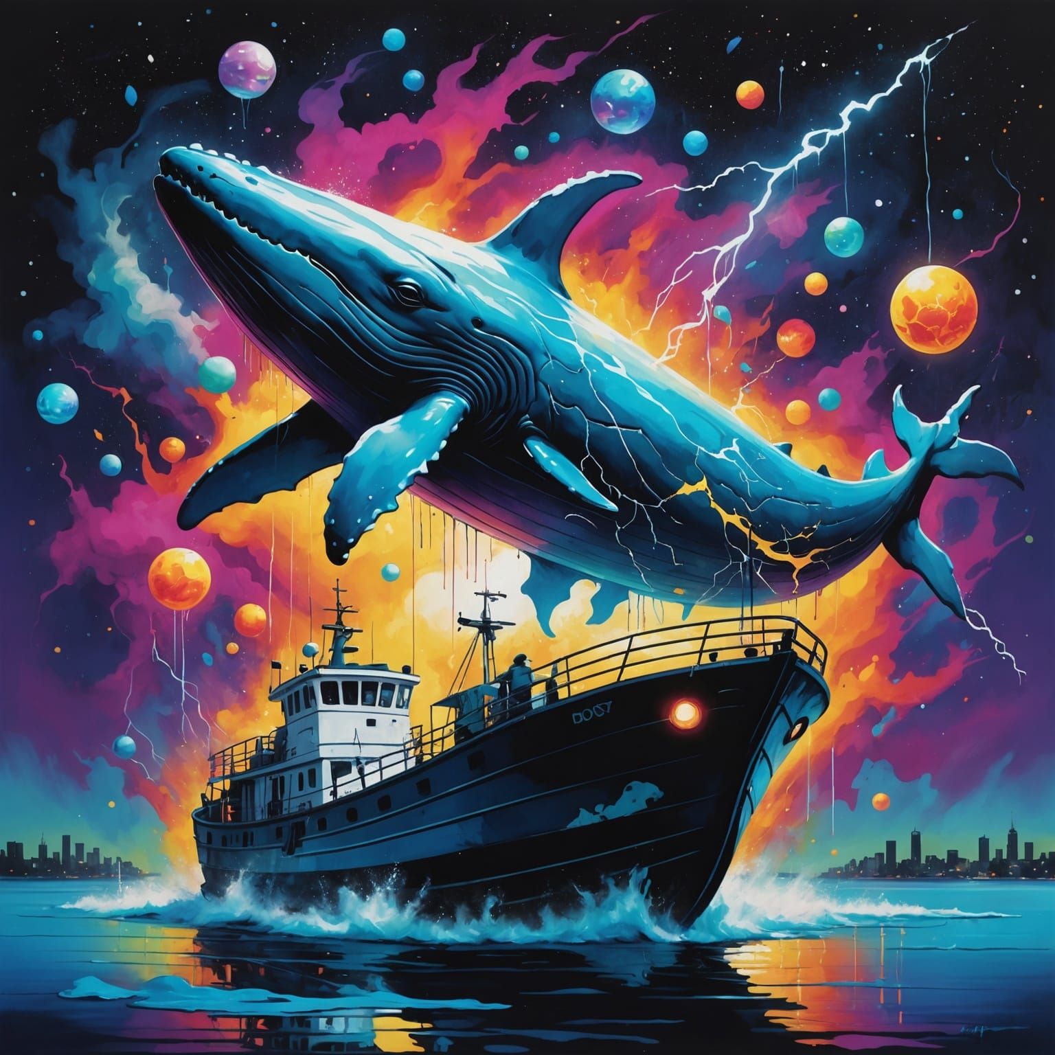 Whale in Space: Graffiti Art with Stars and Lightning