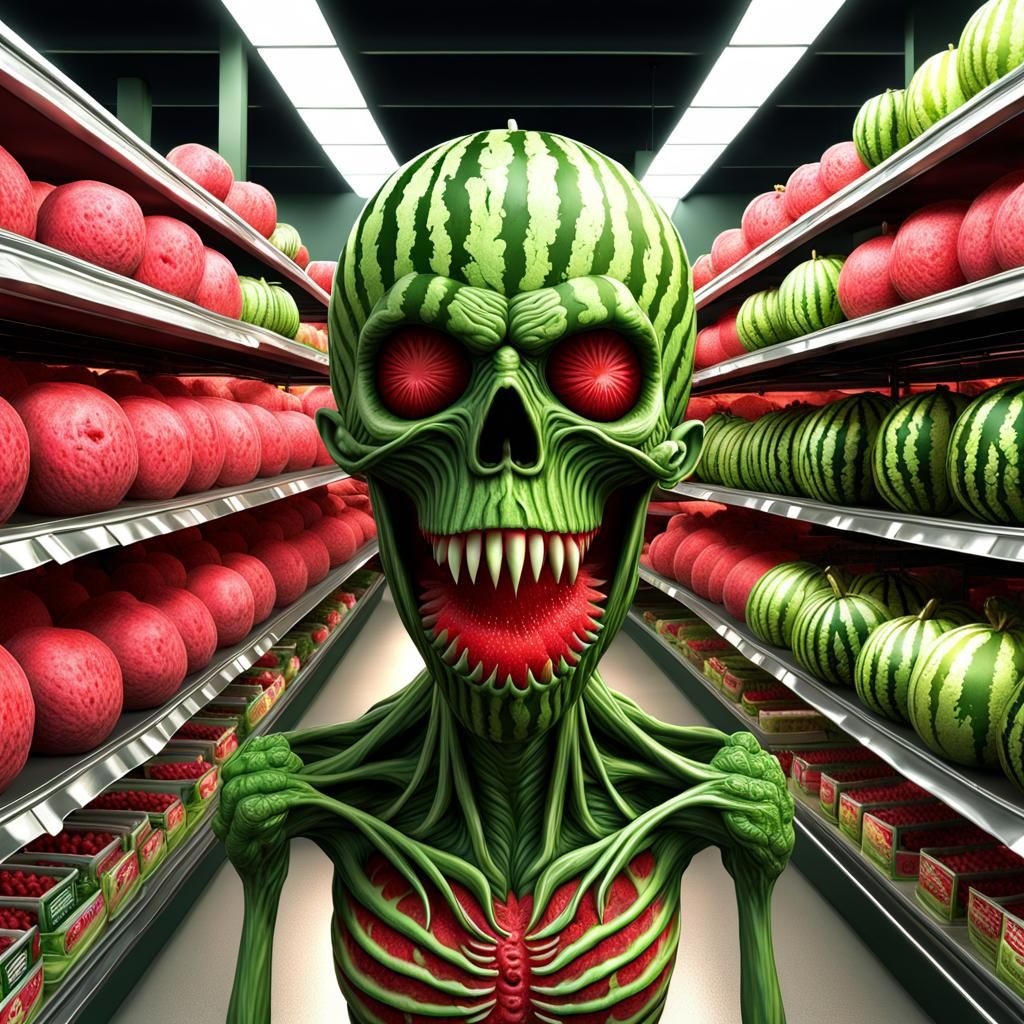 Terrifying Watermelon Zombie in Grocery Store