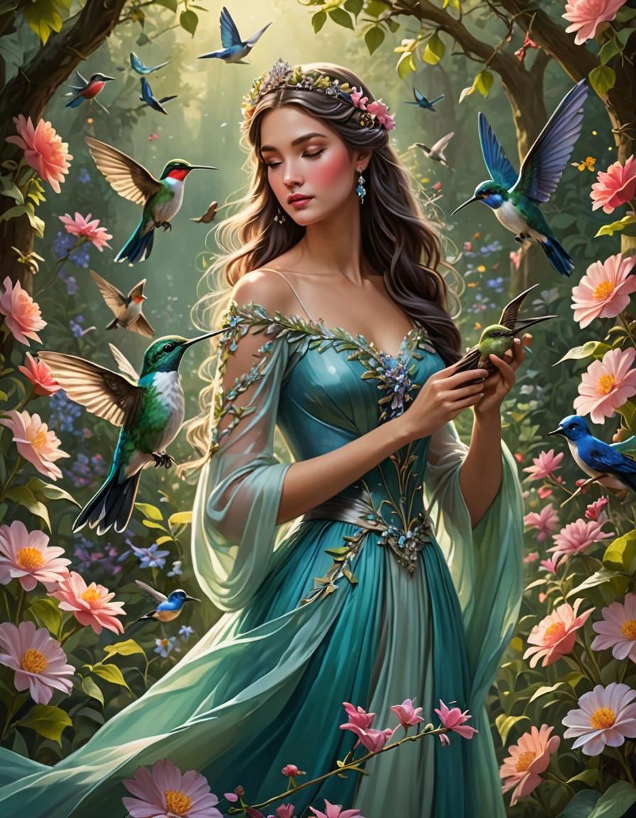 Fairytale Woman with Hummingbird in Enchanted Garden