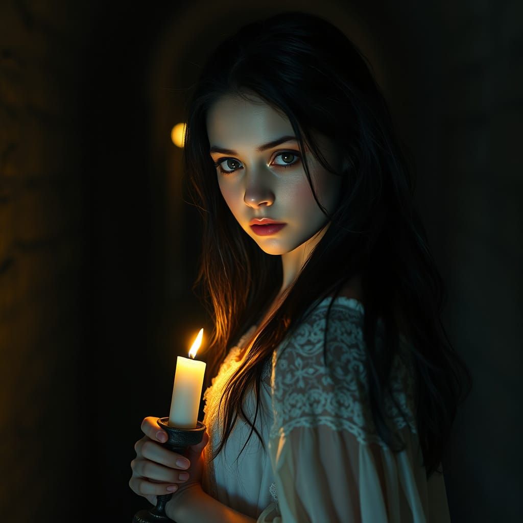 Ethereal Beauty in Shadows: A Haunting Portrait in a Forebod...