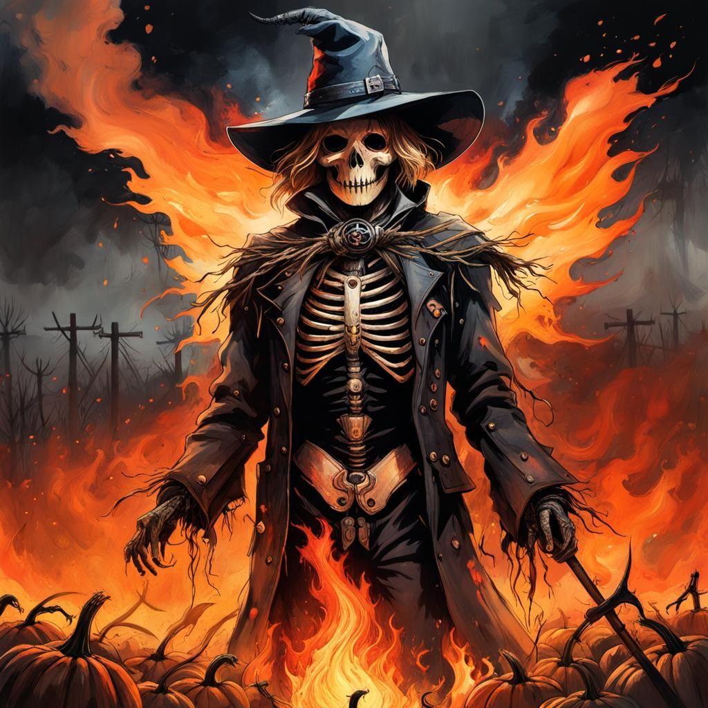 Flaming Scarecrow in Haunted Pumpkin Field