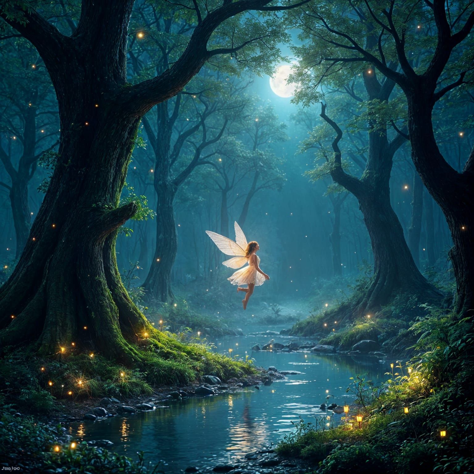 Magical Firefly Forest at Night in Matte Painting Style