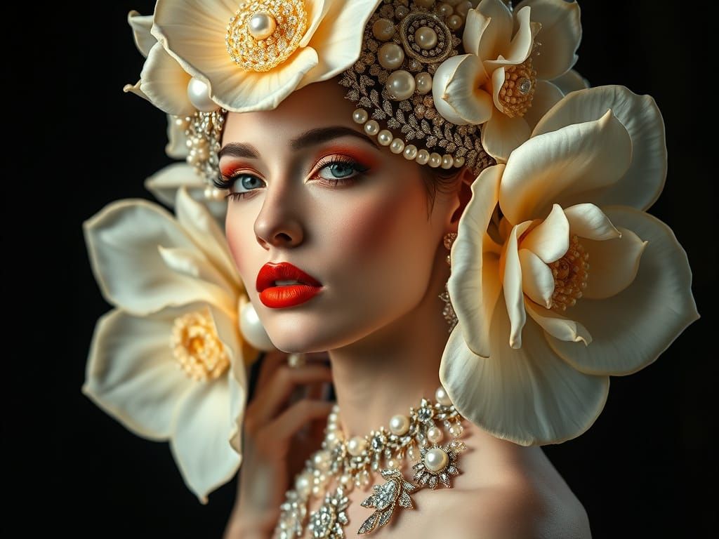 Woman in Opulent, Art Deco-Inspired Headpiece