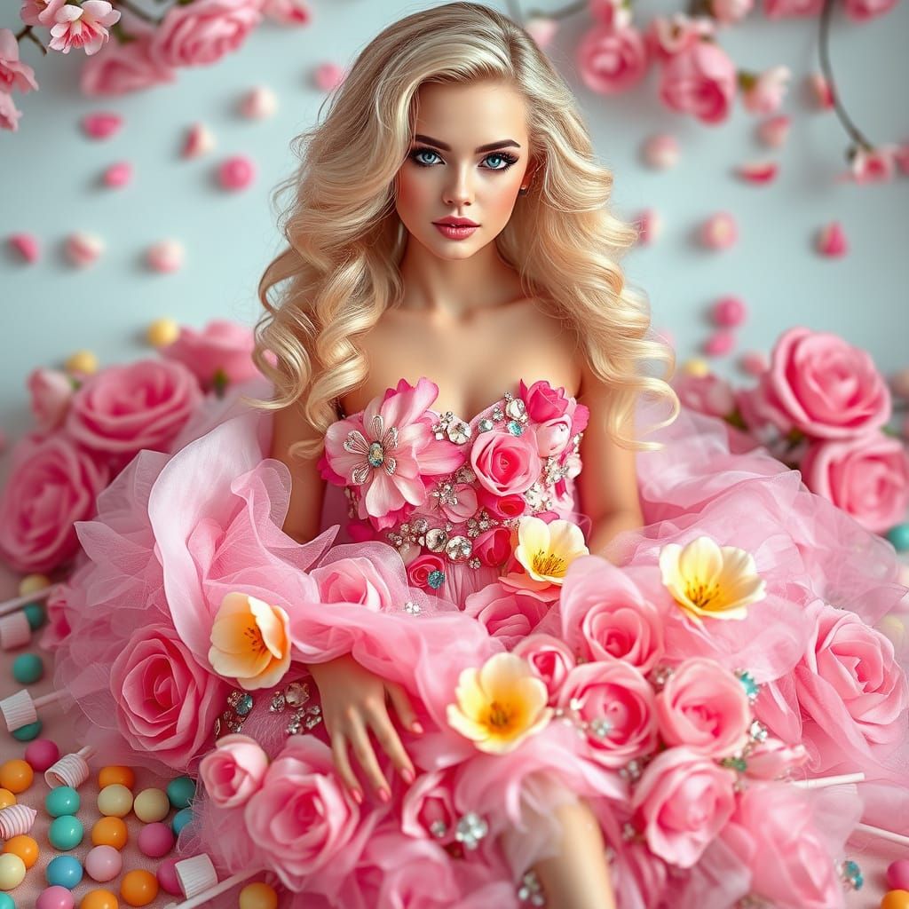 Floral Fantasy: Young Woman in Blossoming Dress