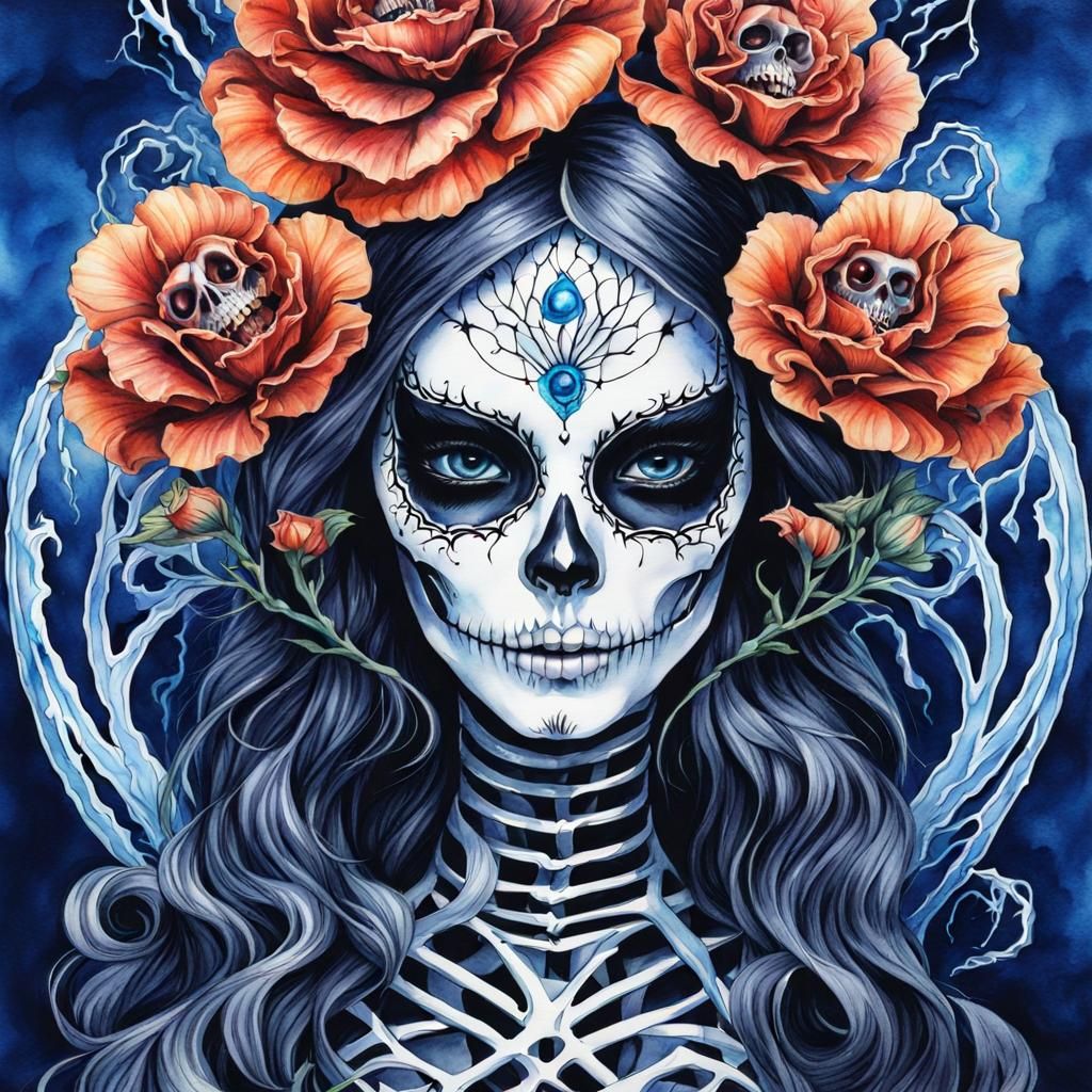 Quantum Catrina Skull Face in Watercolor Style