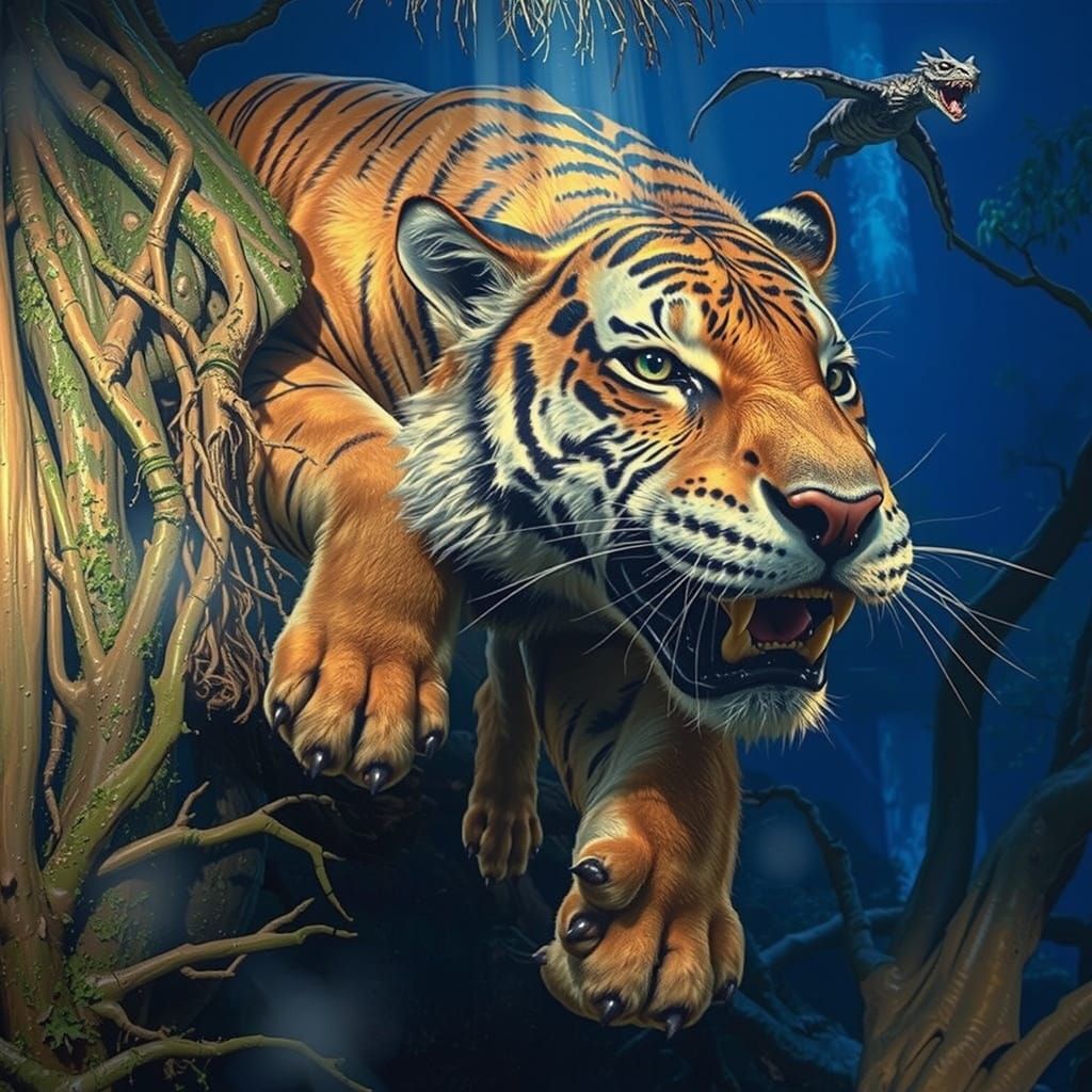 Tiger Hunts Spectral Dragon in Ancient Jungle