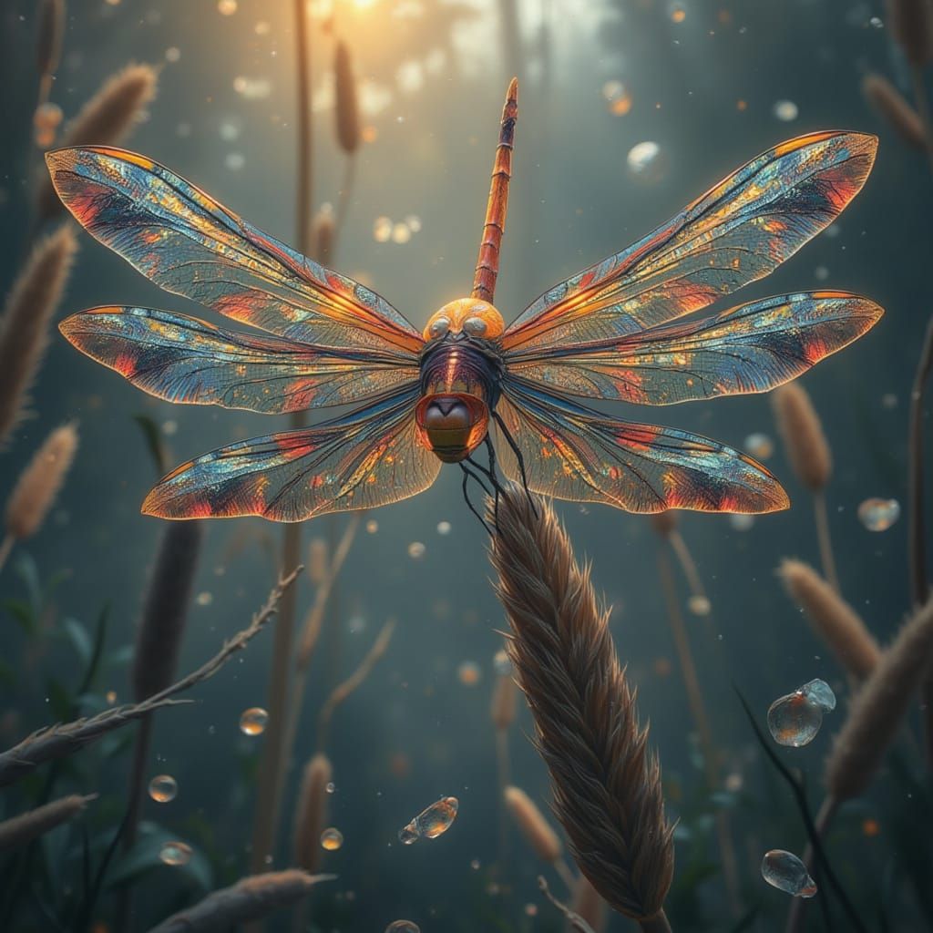 Dragonfly Portrait with Iridescent Wings in Concept Art Styl...