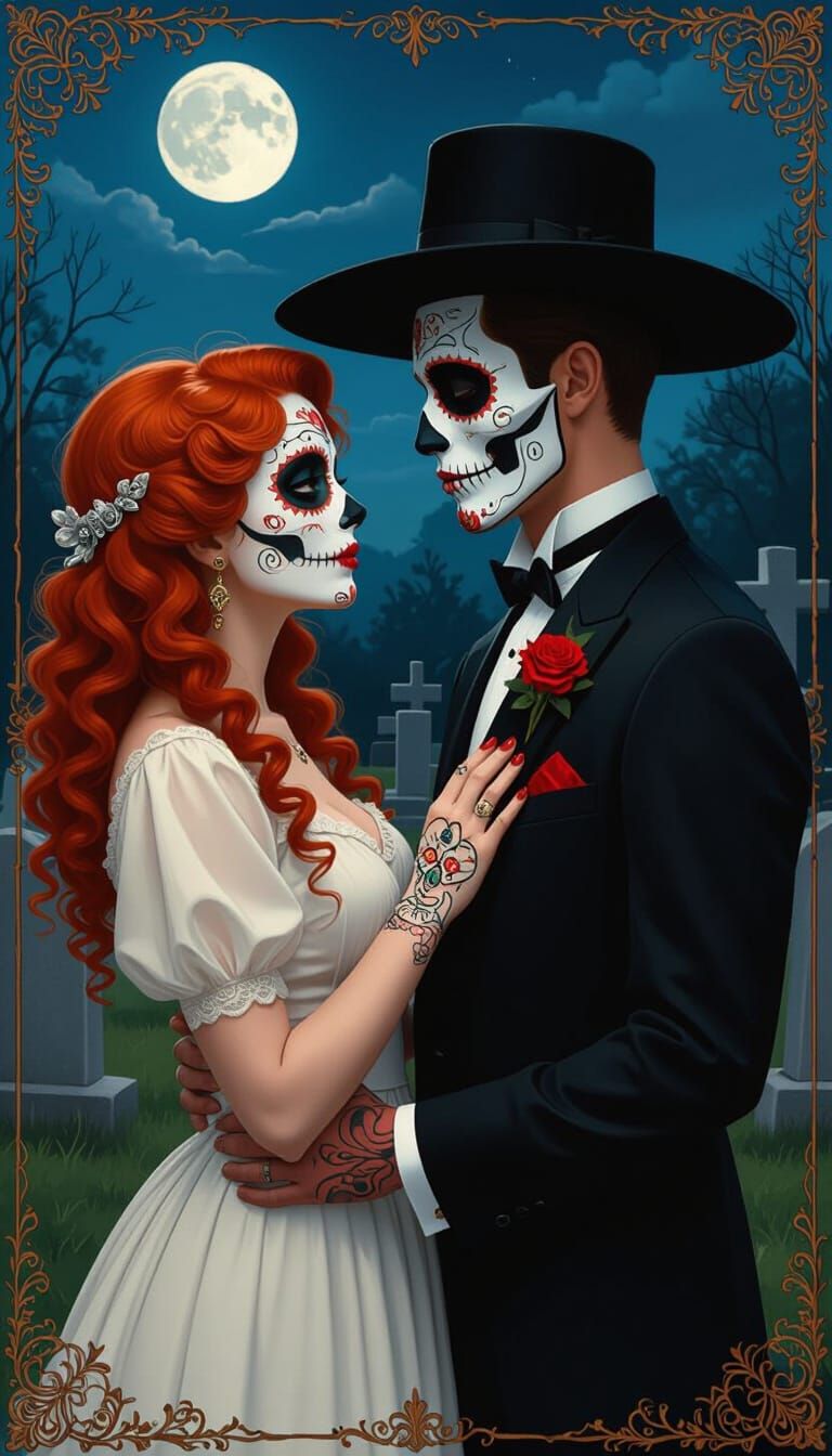 Calavera Couple in Graveyard: Digital Art