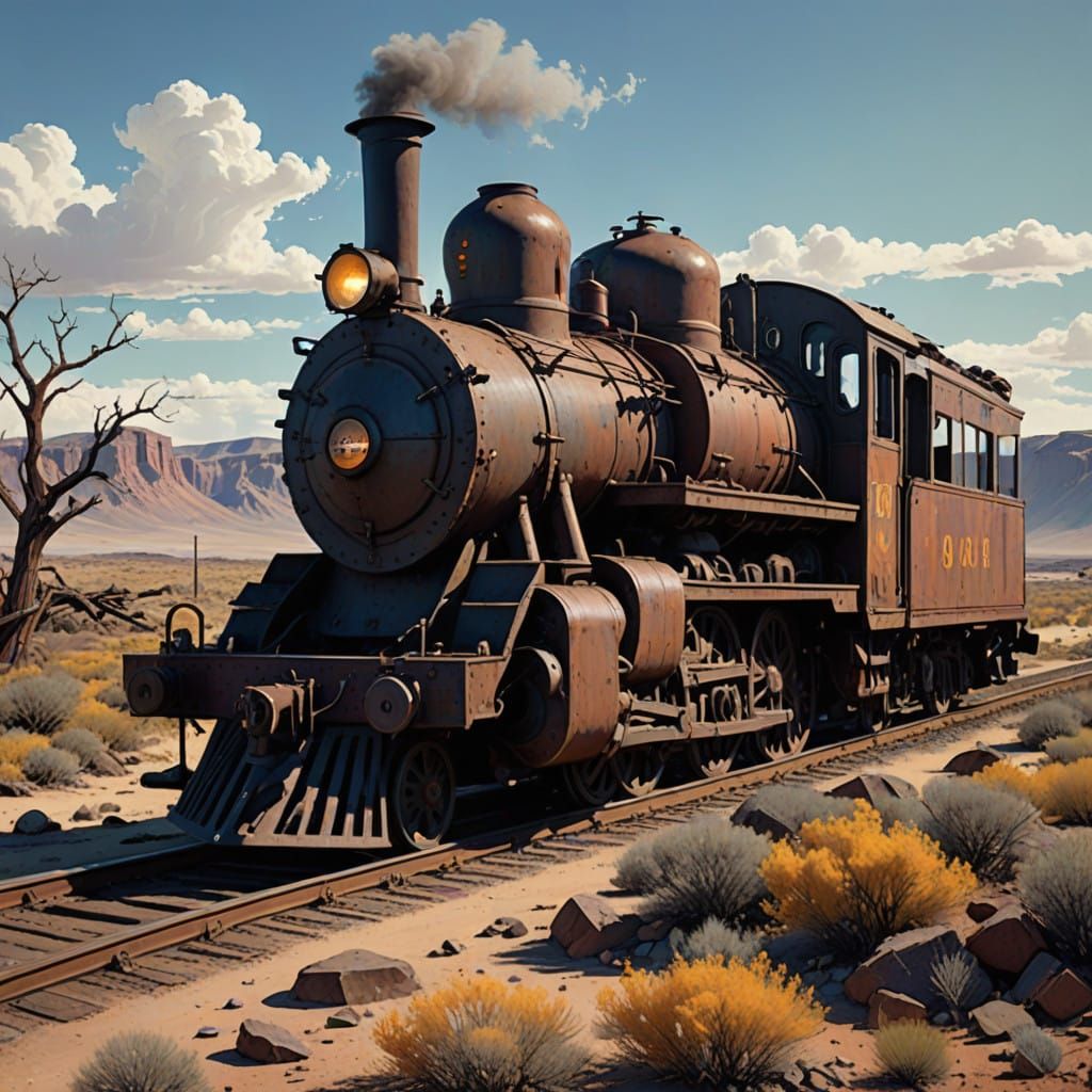Rusty Vintage Steam Locomotive in a Desolate Wasteland