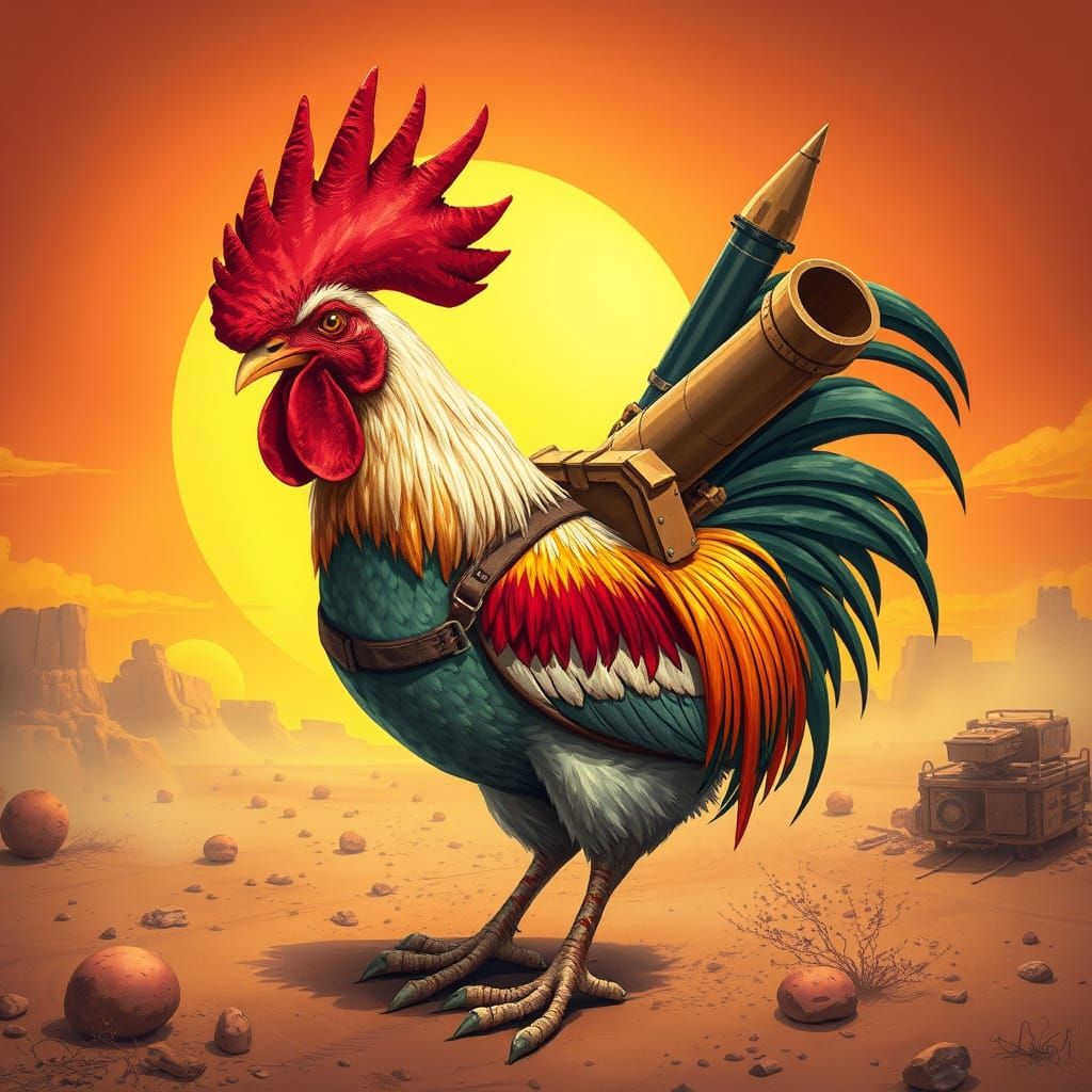 Rooster with Rocket Launcher in Surreal Style