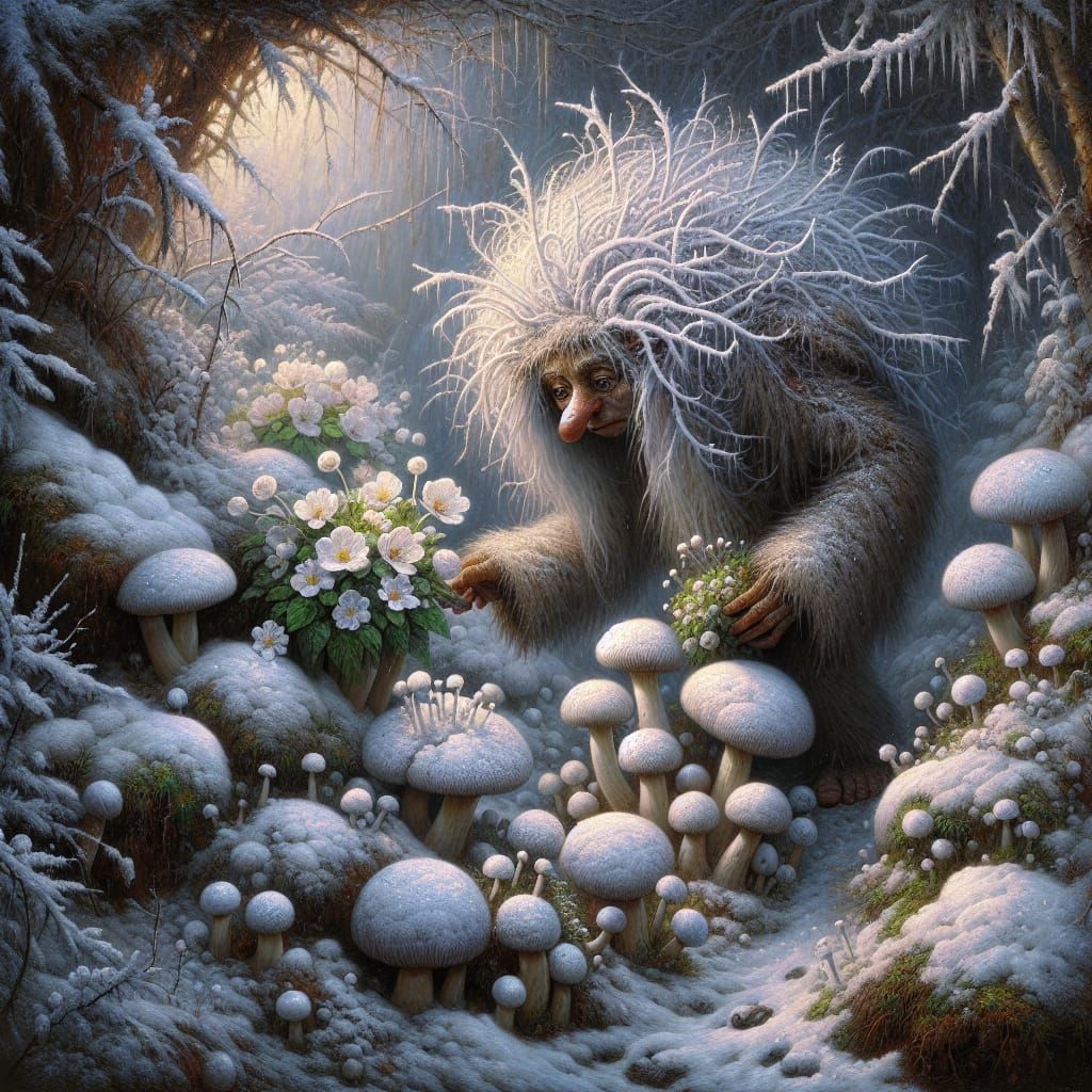 Troll Farmer in Snowy Glade with Frost Flowers