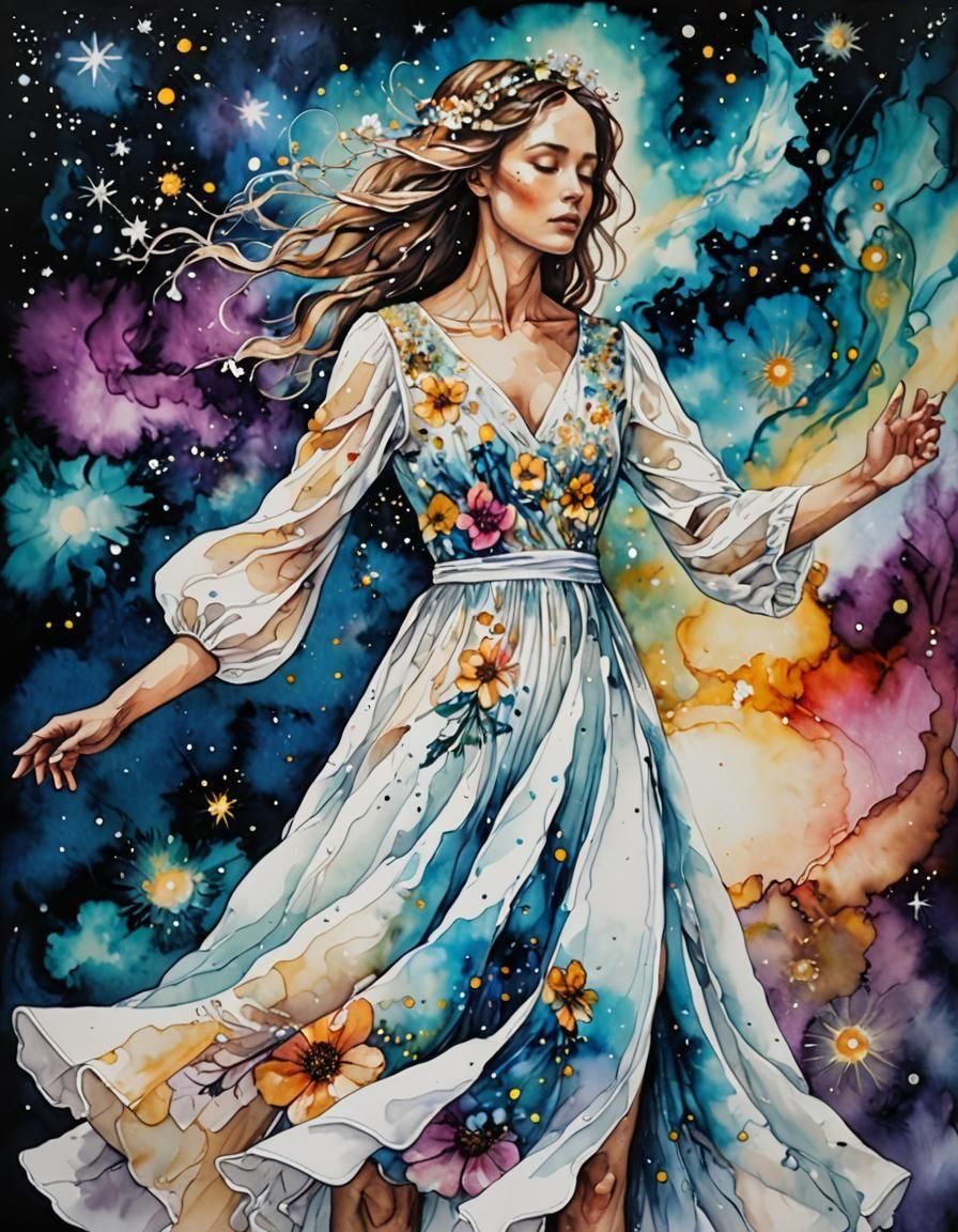 Woman Dancing Against Galactic Sky in Alcohol Ink