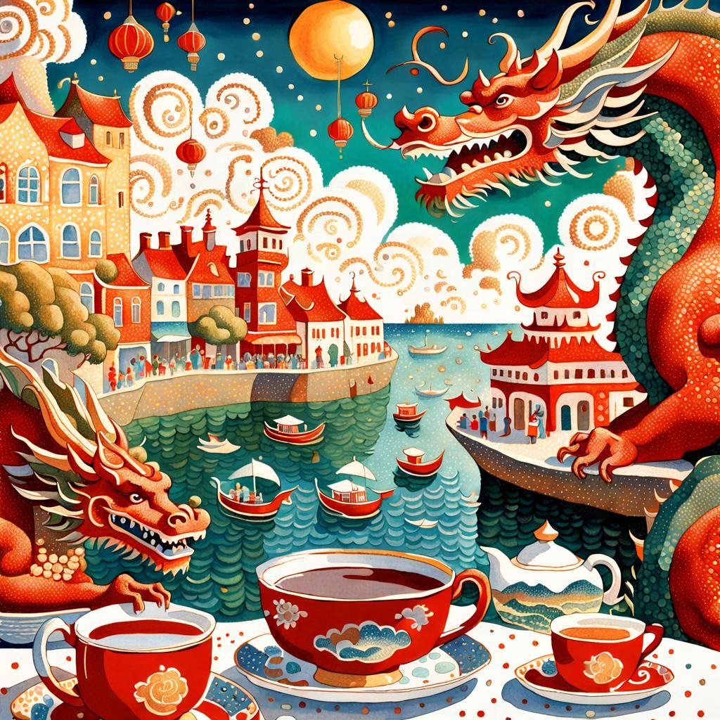 Fairytale Dragons' Tea Party in Pointillism Style
