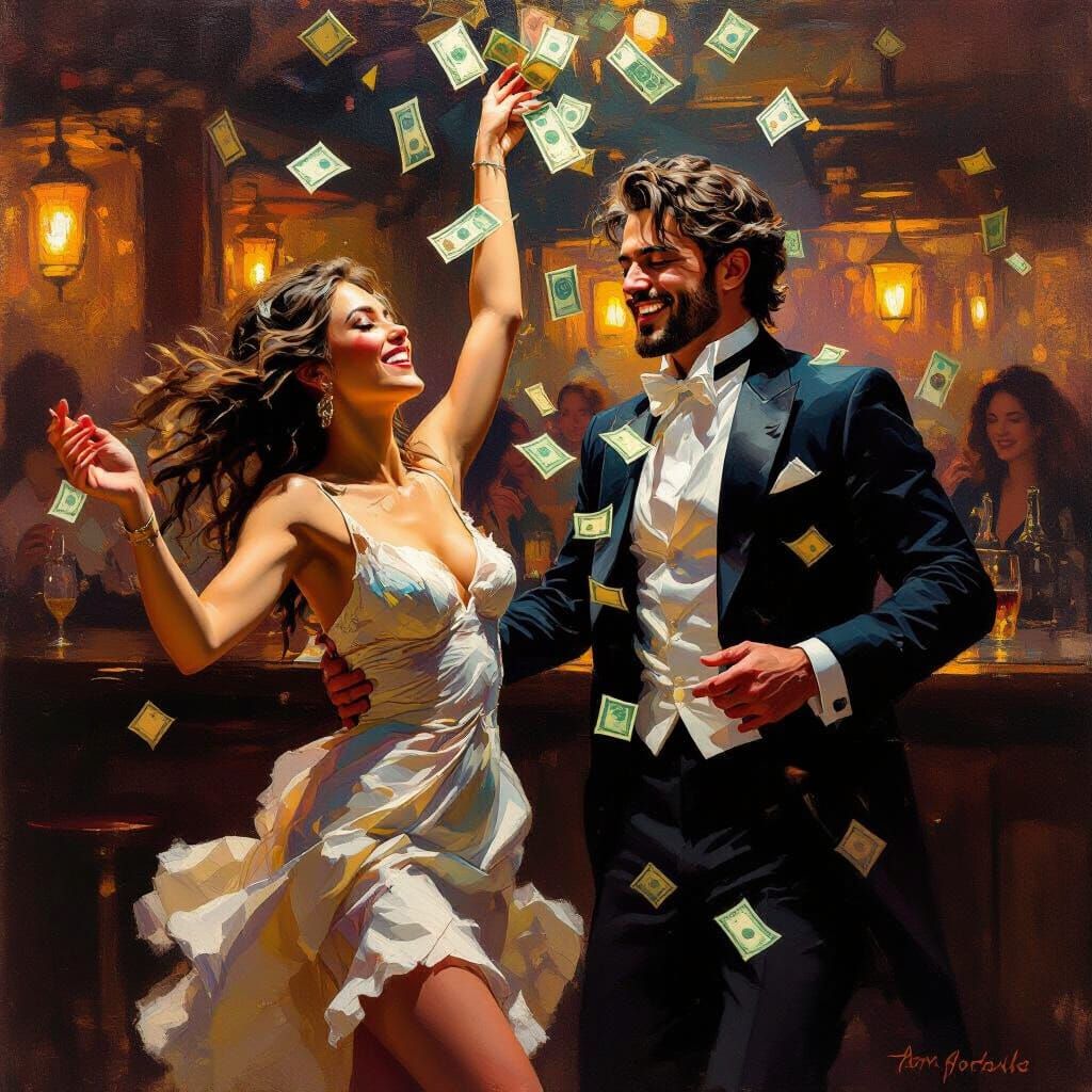 Woman Dancing in Pub as Wealthy Man Celebrates with Money