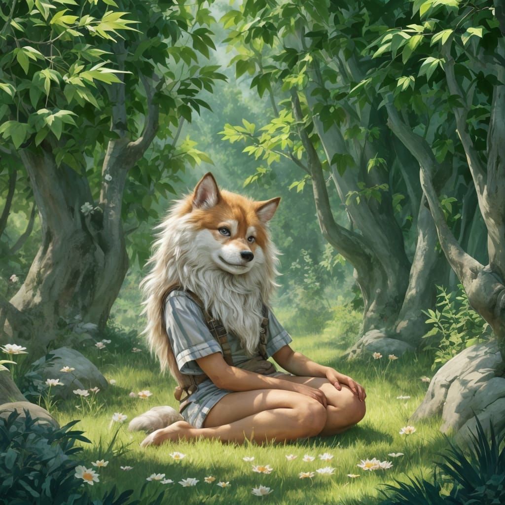 Surrealistic Dogwoman in Cyberpunk Landscape