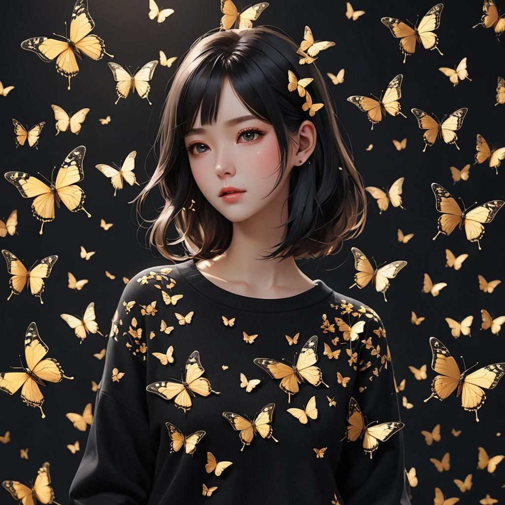 Black Sweater with Butterfly Print in Anime Style