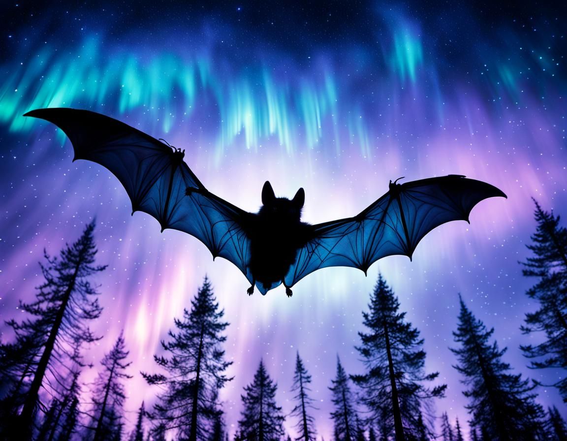 Ethereal Double Exposure: Bat and Northern Lights