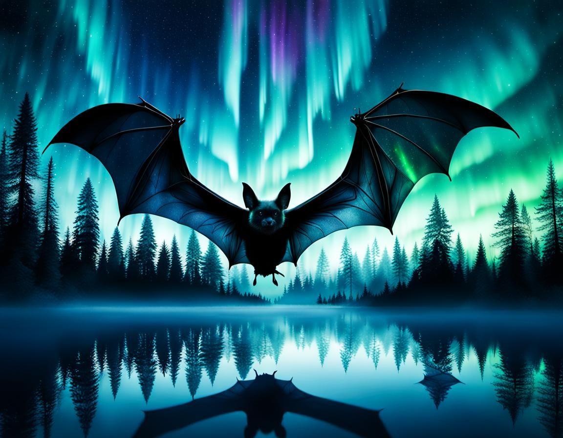 Ethereal Bat in Northern Lights Double Exposure