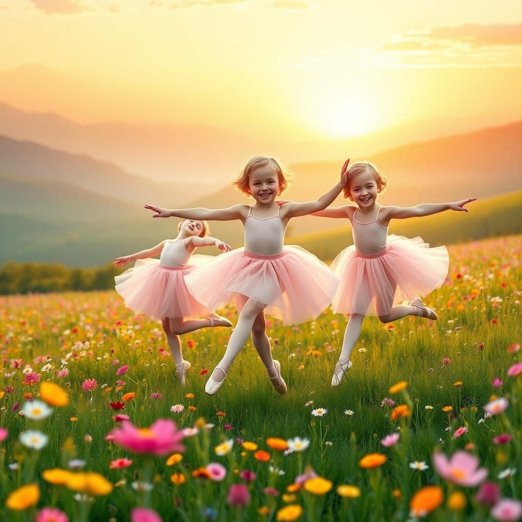 Whimsical Ballerinas Dance in Vibrant Meadow