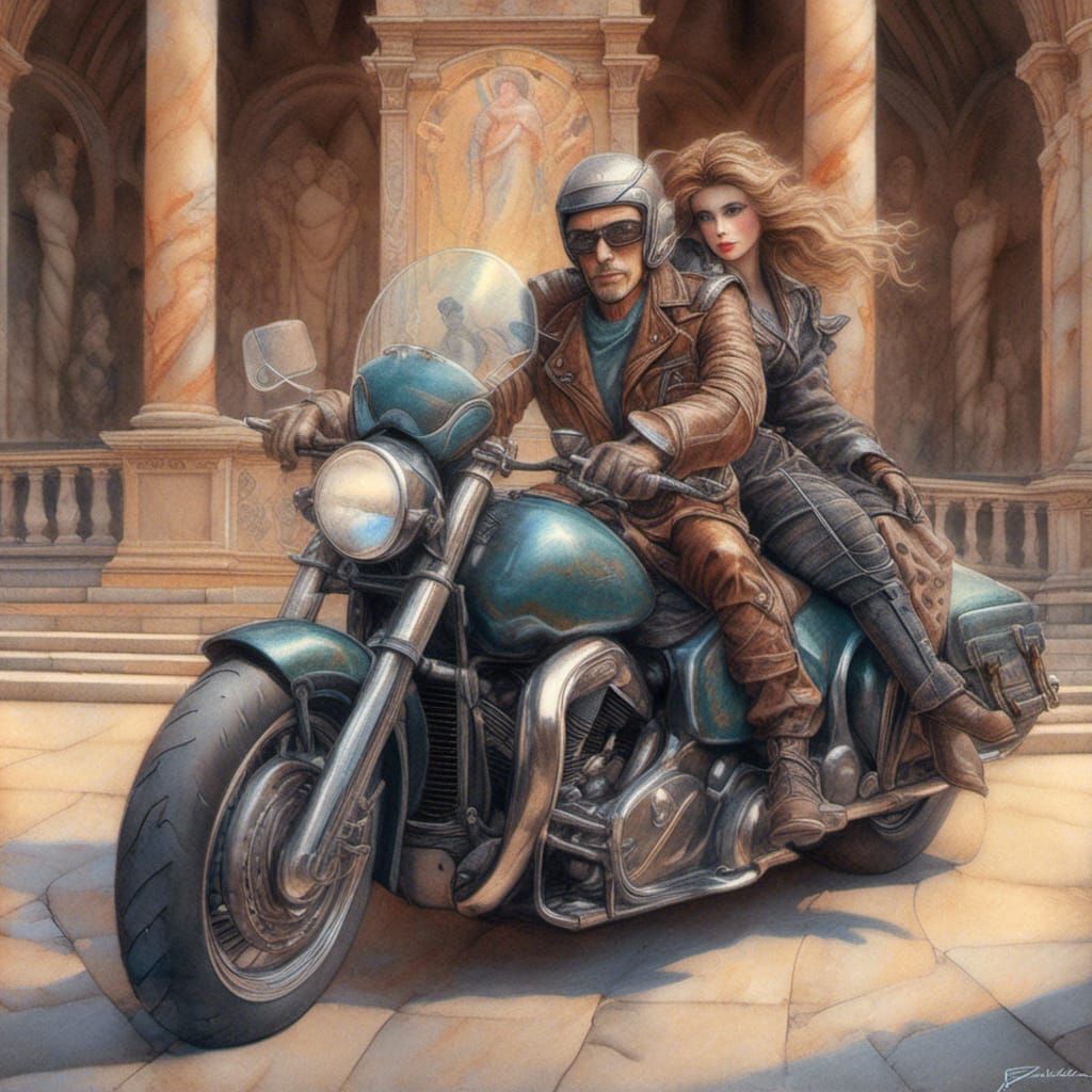 Motorcycle Couple Portrait in Color Pencil Style