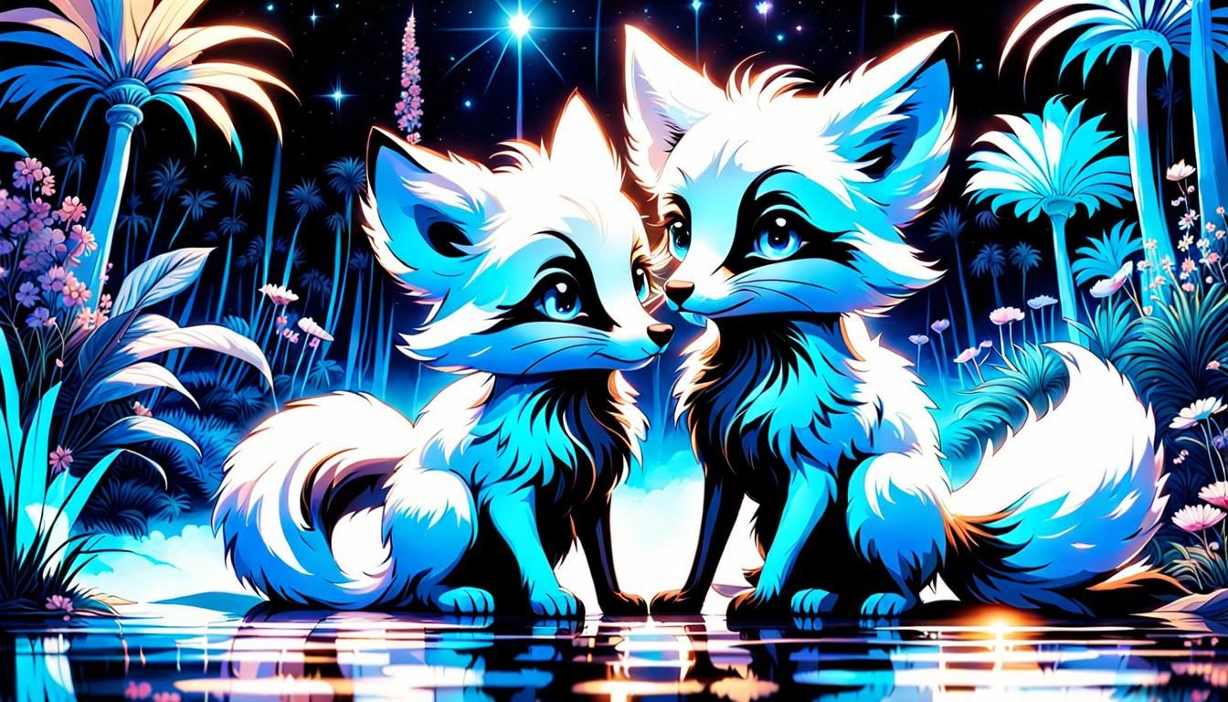Bioluminescent Chibi Fox and Skunk Dark Fantasy