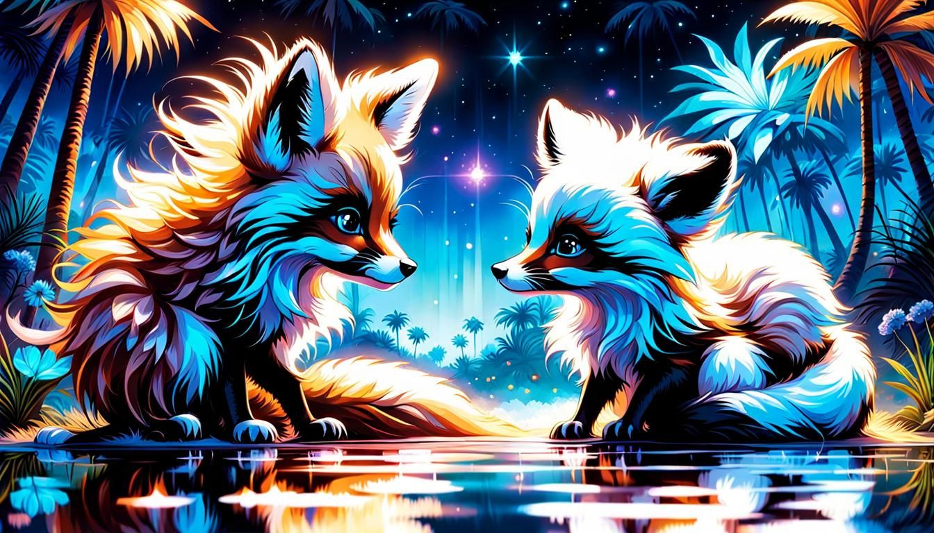 Bioluminescent Chibi Fox and Skunk Kissing