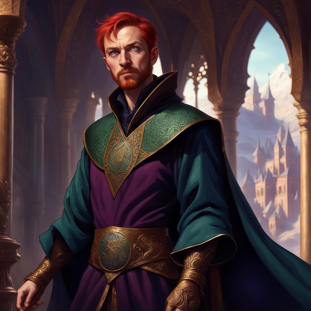 Epic Fantasy Mage in Lavish Ballroom