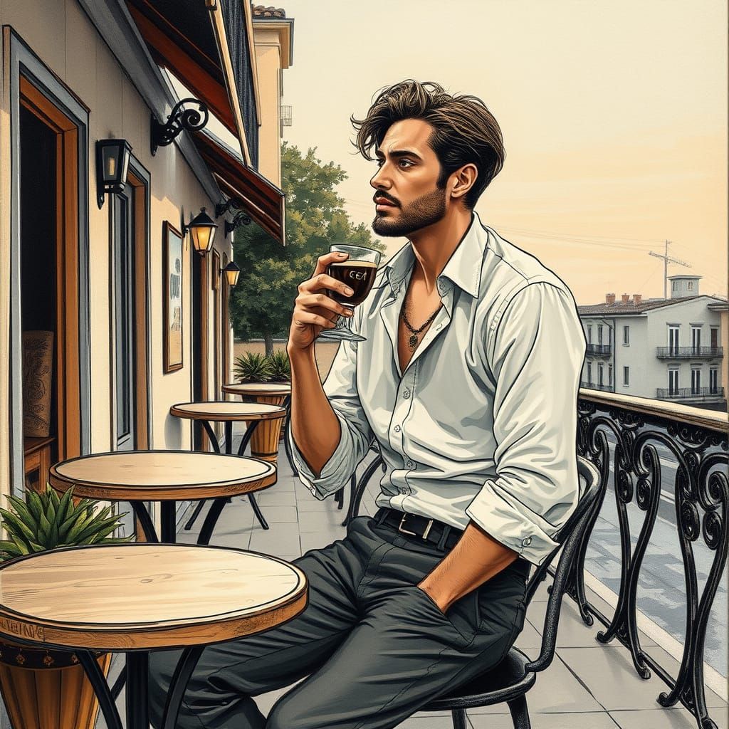 Man Drinking Coffee: Hyperdetailed Charcoal Drawing