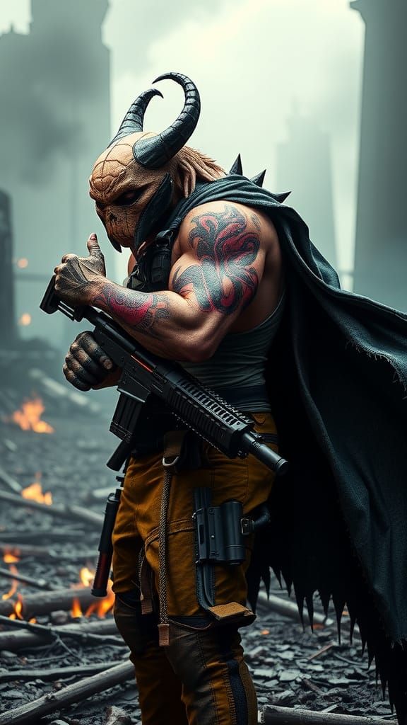 Scorpion Navy SEAL Hybrid Warrior in a Gritty Battlefield