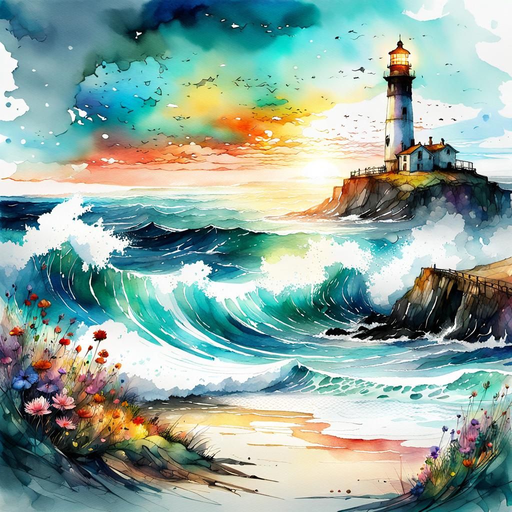 Ocean Waves and Lighthouse in Digital Watercolor