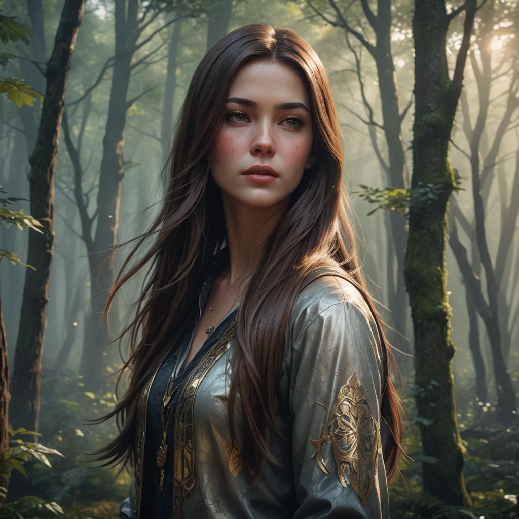 Beautiful Woman with Long Brown Hair in Misty Forest