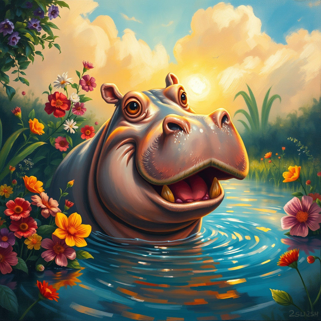 Happy Hippo in Impressionist Dreamscape Oil Painting