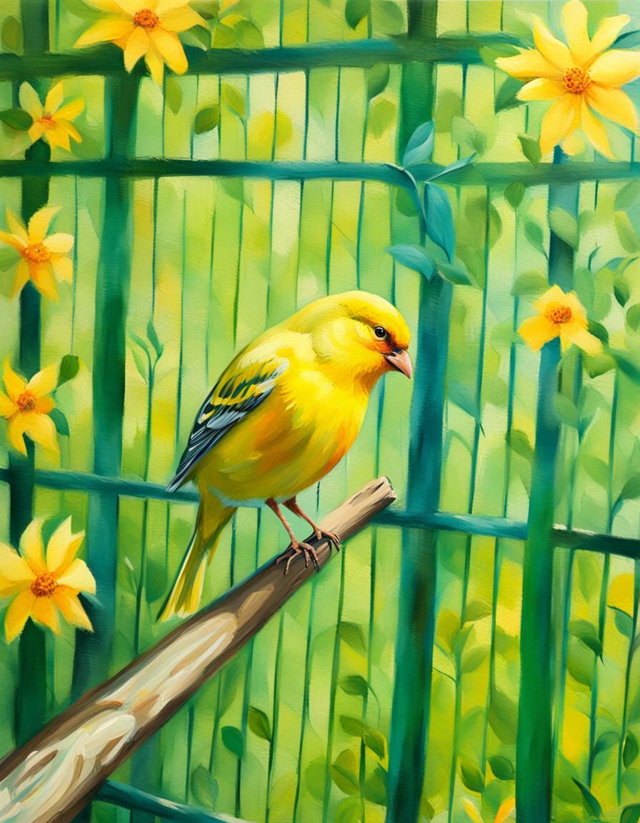 Canary in Yorkshire Garden: Impressionist Oil Painting