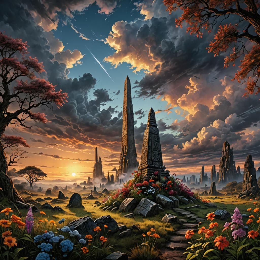 Occult Obelisk in Sunset Forest: 3D Rendered Art