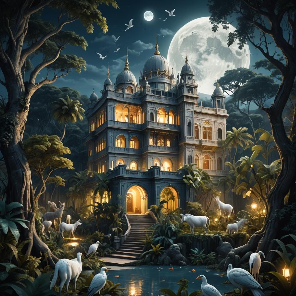 Jungle Palace Under Moonlight in Surreal Style