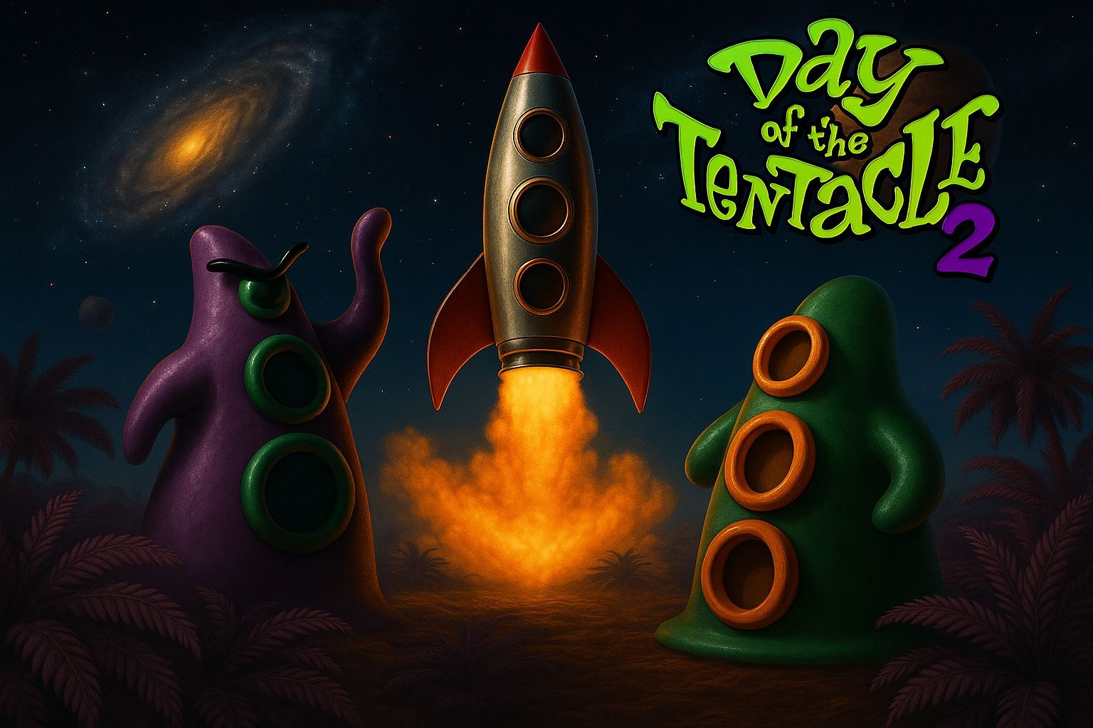 Retro Rocket Launch with Day of the Tentacle Characters
