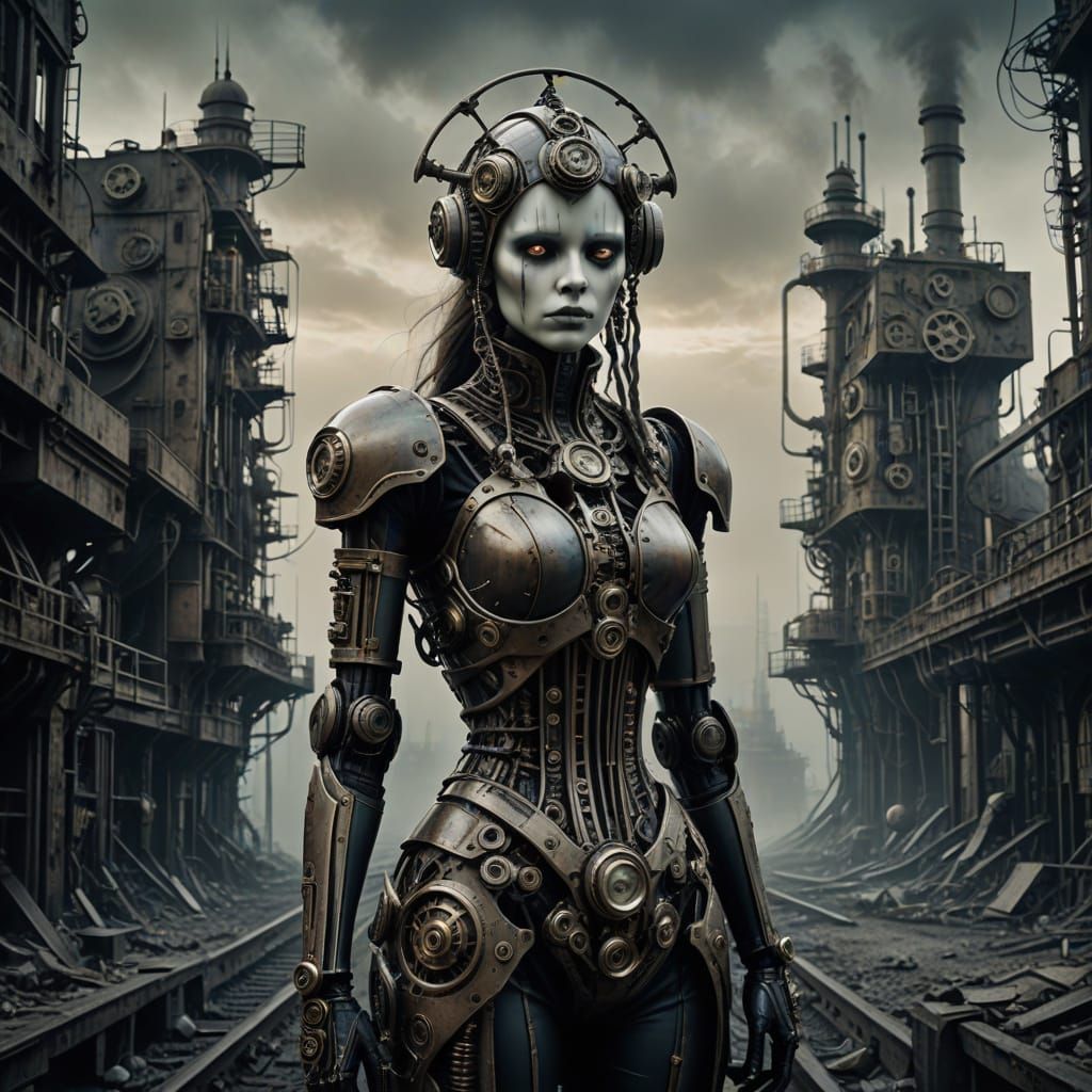 Ethereal Automaton Girl in Decaying Industrial City