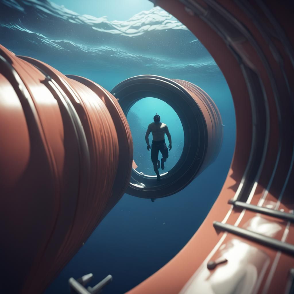 Man in Tube: 3D Render in Ocean