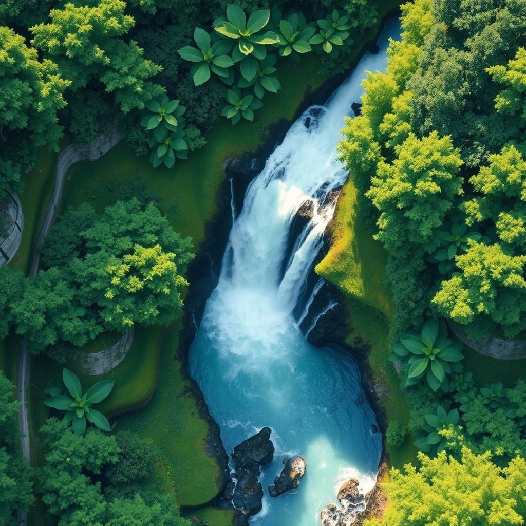 Waterfall in Gouache Style with Impasto Techniques