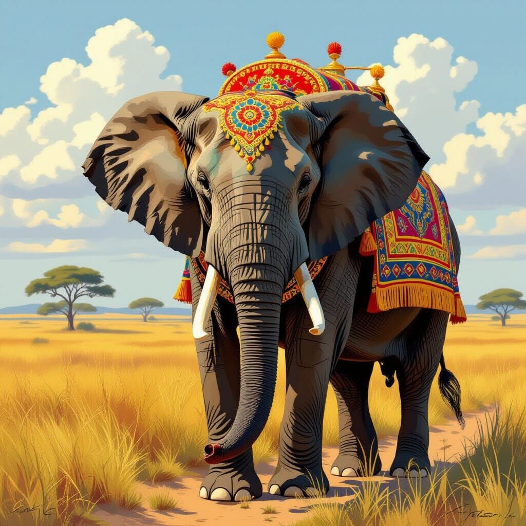 Majestic Elephant with Golden Embroidery in Savannah