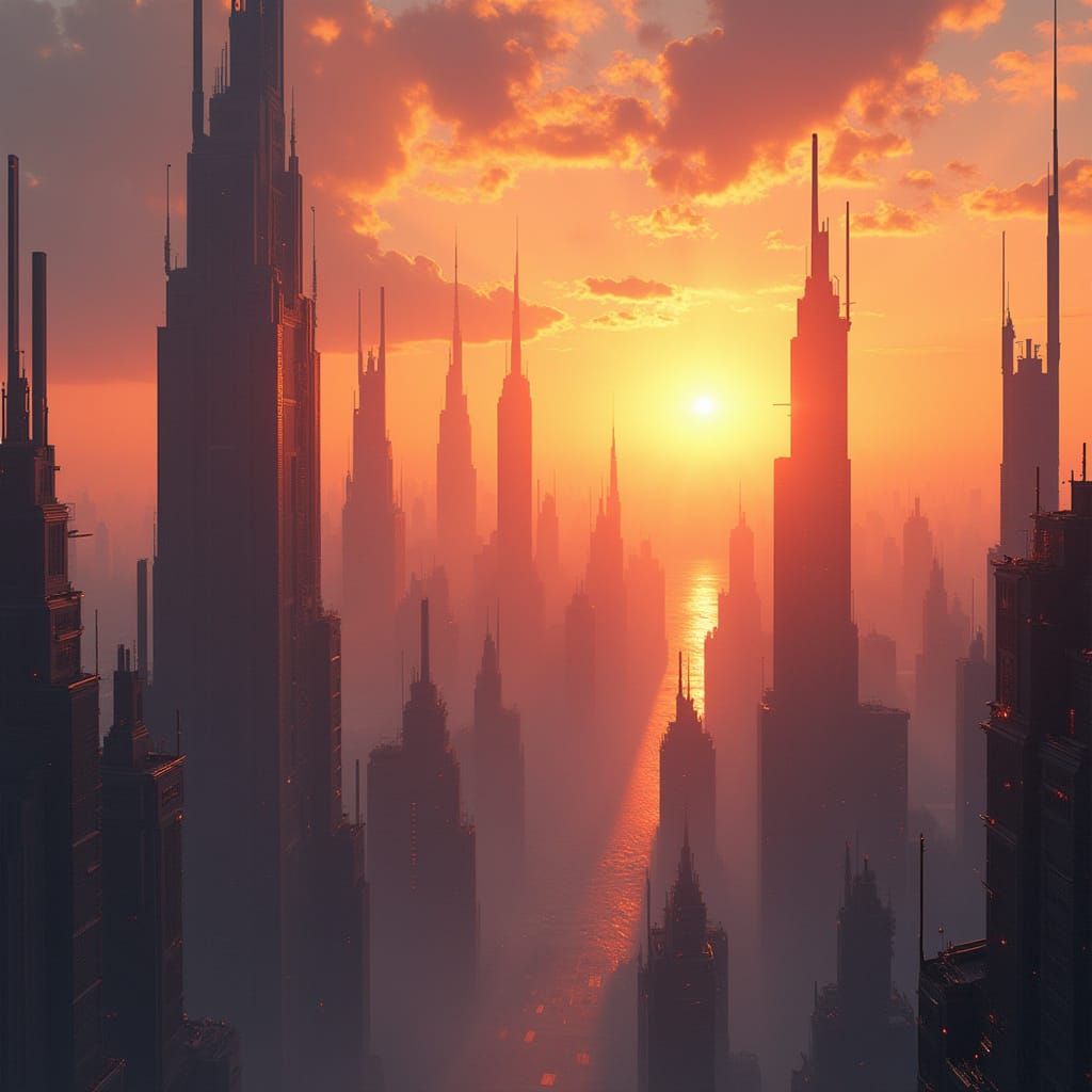Cityscape at Sunset in Vibrant Futuristic Style