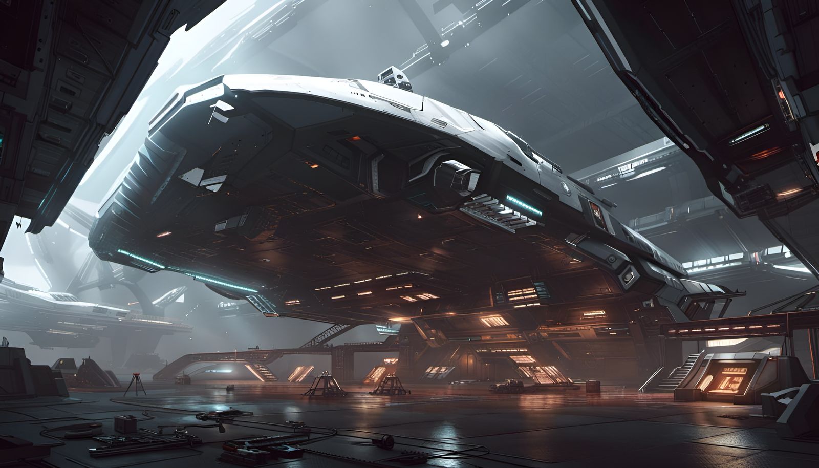 Futuristic Spaceship Hangar in Maximalist Style