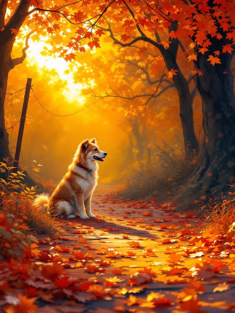 Golden Autumn Scene with Dog in Warm Light