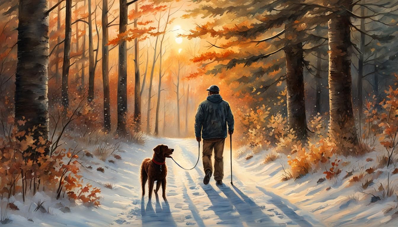 Northwoods Sunrise with Retriever: Gouache Watercolor Painti...