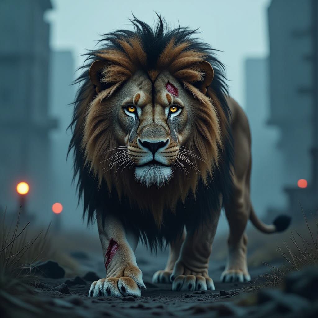 Apocalyptic Lion Portrait in Dystopian Setting