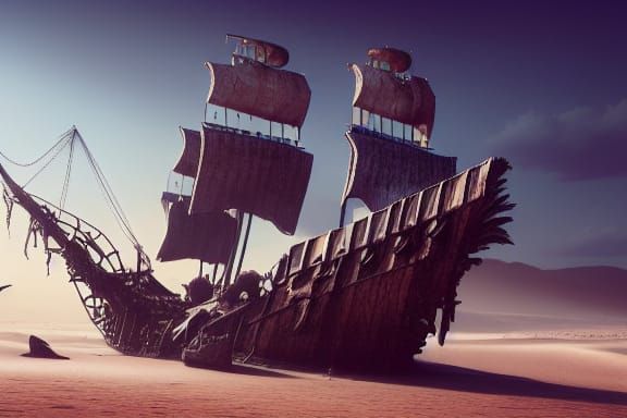 abandoned pirate ship floats on the sand